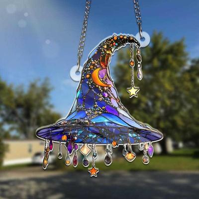 Ловец солнца "Шляпа ведьмы" 2D акриловый Хэллоуинская декорация в стиле витража Подвесное украшение "Шляпа ведьмы" для окна стены двери