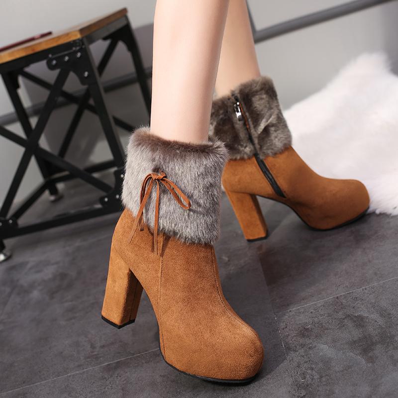 Winter Women High Heels Boots Fur Warm Shoes Fashion Boots for Women Winter High Heels Super Square High Heel 10cm Women Boots
