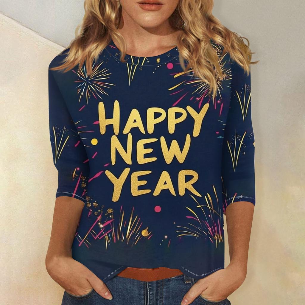 Женская мода повседневная новогодняя принтованная круглая горловина с рукавом три четверти топ Новый год 2025