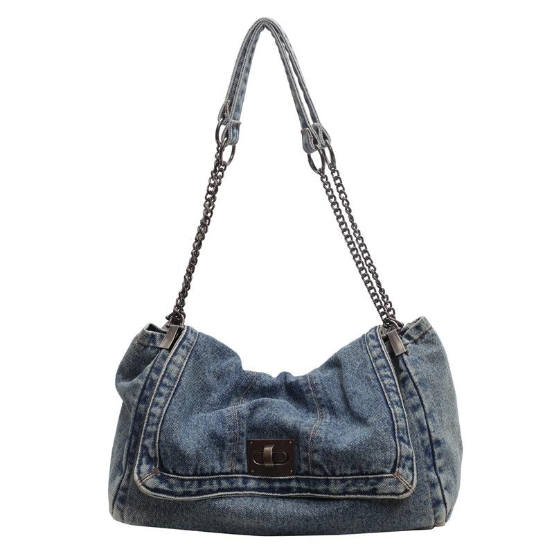 Retro Casual Denim Bag Women's 2024 New High-end Chain Shoulder Bag Large-capacity Commuter Tote Bag