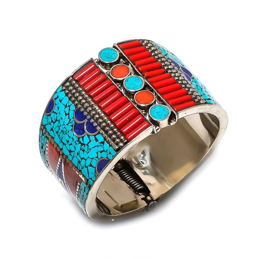 Браслет-манжета из натуральной тибетской бирюзы и коралловых камней, регулируемый, ручной работы g0G30