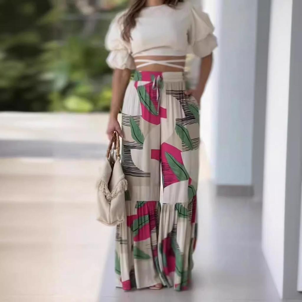 Women's Printed Elastic Waist Patchwork Long Wide Leg Trousers