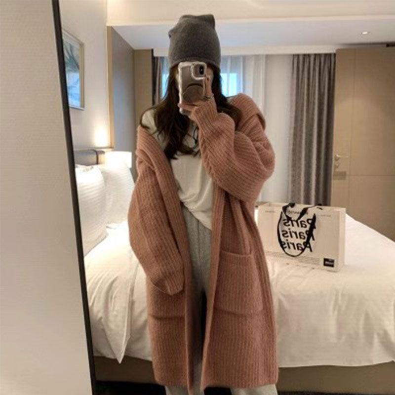 Women's Mid-Length Hooded Knit Cardigan with Pockets - Autumn/Winter Loose Fit Sweater Coat
