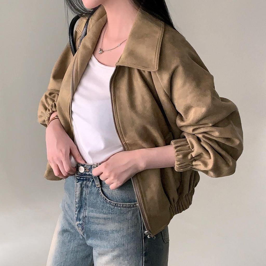Korean Chic Autumn Retro Faux Suede Stand-Up Collar Zip-Up Jacket for Women