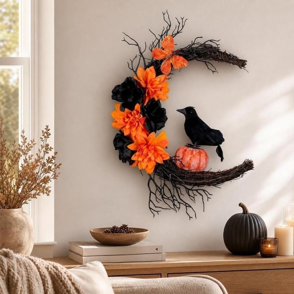 Plastic Halloween Wreath Gothic Style Artificial Flower Garland Cat Crow Wreath Front Door Decor