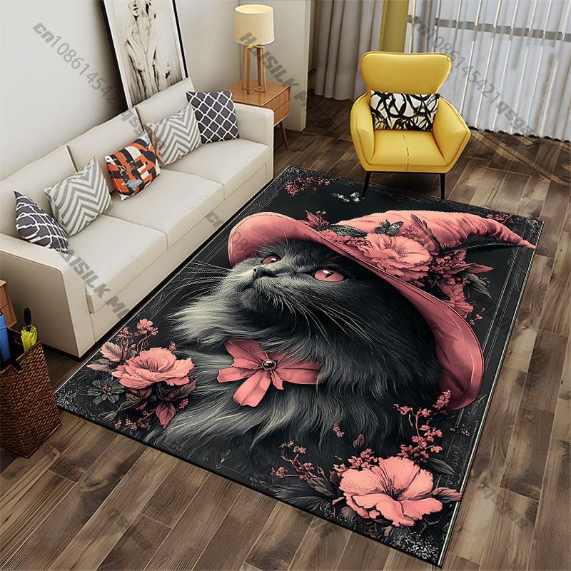 Whimsical cat adorned with flowers carpet Yoga living room room decor children's crawling mat doormat area rug games mat