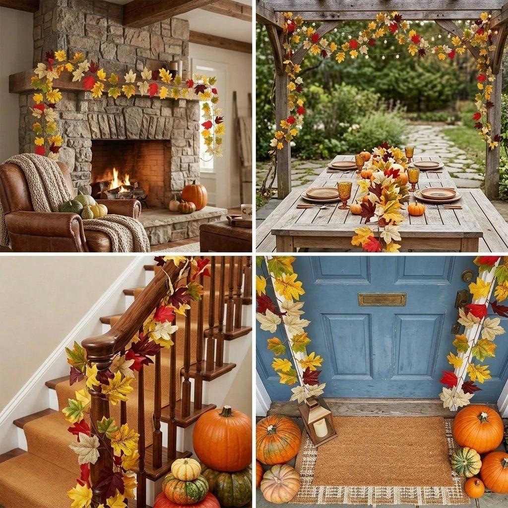 2Pcs Fall Artificial Maple Leaf Wreath—Harvest Festival, Thanksgiving, and Halloween Decorations; Artificial Maple Leaves and Vine; Outdoor Garden