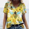 Summer Women's T-Shirt Vintage Bee Print Tops Natural Scenery V Neck Pullover Short Sleeve Loose Daily Casual Design Clothing