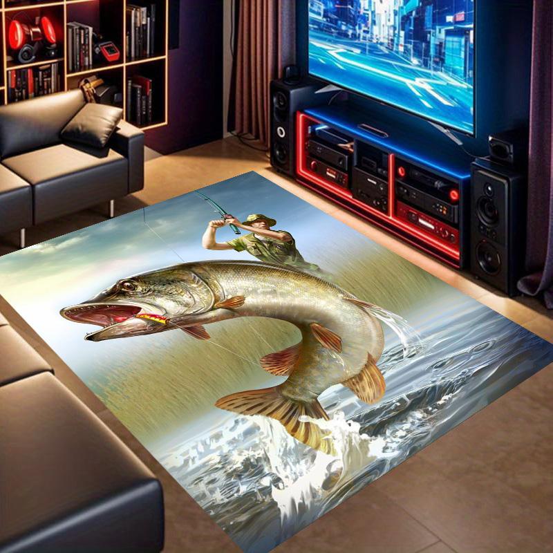 Big Fish Fishing Hunter Scenery Print Area Rug Non‑Slip Rectangular Floor Mat Fishing Lover Gaming Living Room Decor