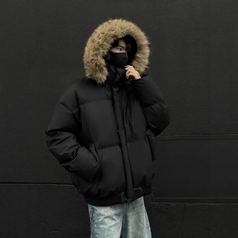 Detachable Faux Fur Hooded Puffer Jacket Men Women Winter Thick Warm PU Cotton Coat Couple Style