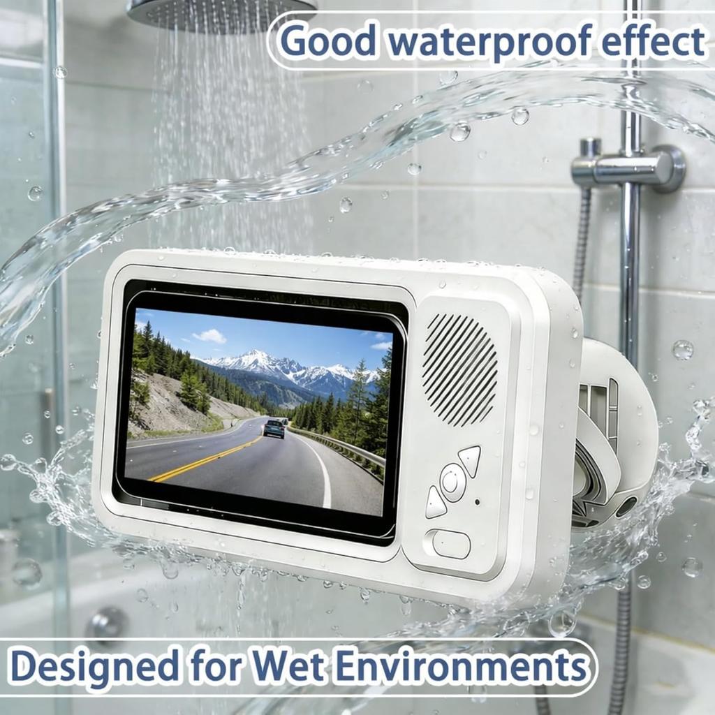 Waterproof Shower Phone Holder with Bluetooth Speaker, Touch Screen Phone Case for Shower, Wall Mounted Phone Holder with 360° Rotation, IPX5 Water