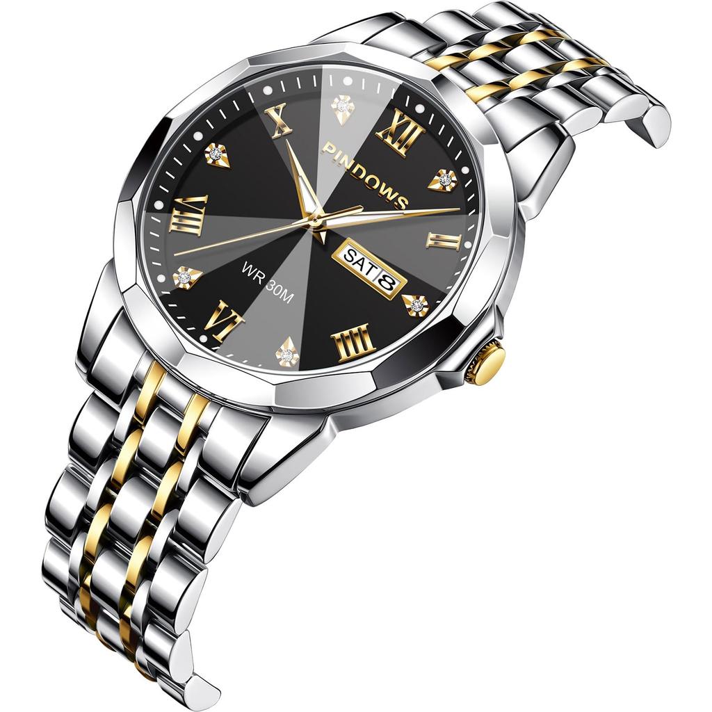 PINDOWS Роскошные деловые наручные часы с аналоговым кварцевым механизмом, водонепроницаемые, со светящимися стрелками, с датой и браслетом из нержавеющей стали для классического делового повседневного стиля, мужские