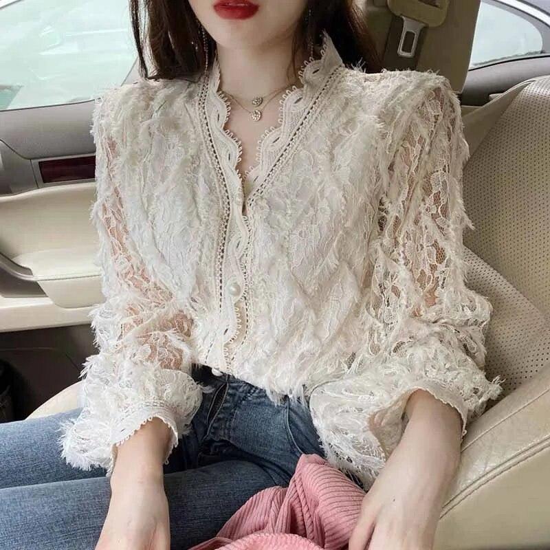 Милая кружевная блузка с v-образным вырезом, корейская модная элегантная блузка с длинными рукавами, тонкая винтажная рубашка, женские топы 16921