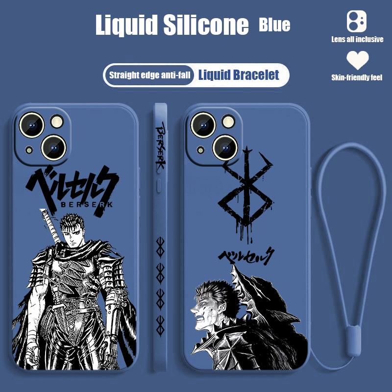 Berserk Anime Cute For Apple iPhone 15 14 13 12 11 XS XR X 8 7 Pro Max Plus Mini Liquid Left Rope Phone Case