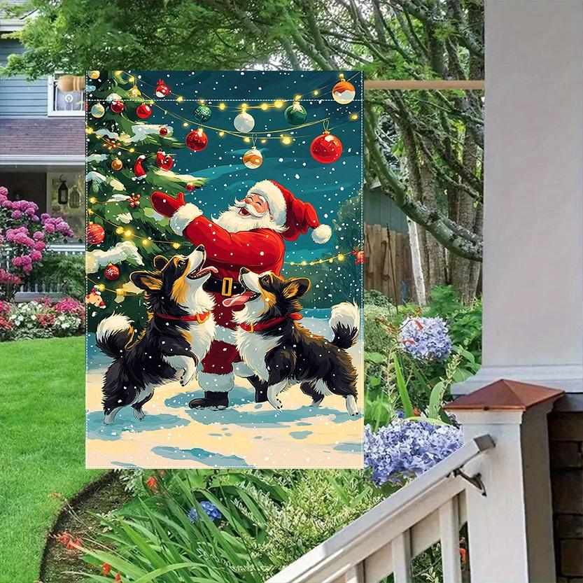 Santa & Border Collie Christmas Tree Double-Sided Garden Flag , Durable Polyester, Perfect for Outdoor Yard and Lawn Decor, for Winter