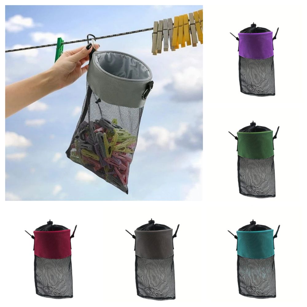 Lightweight Compact Beach Bag Drawstring Closure Hanging Grid Bag Clothes Pins Storage