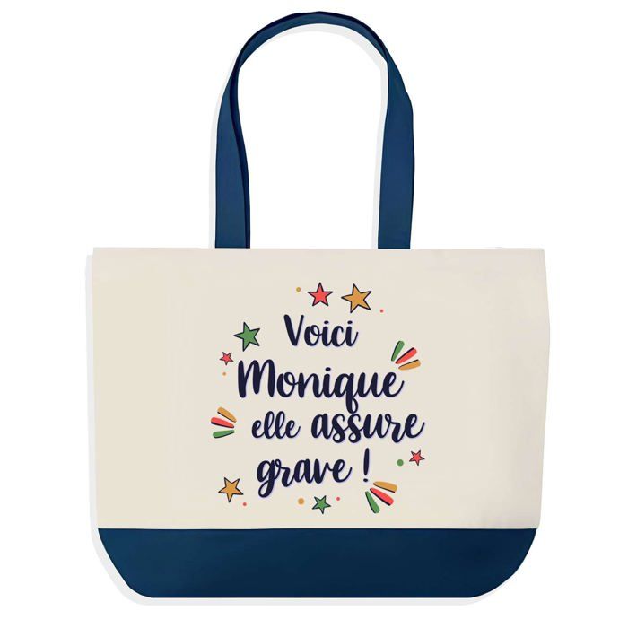 Tote bag - PLANETEE - Monique elle assure grave - Fond bleu - Coton - 40x45 cm