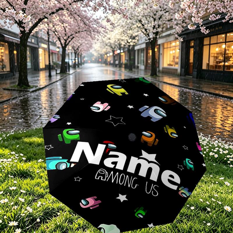 Custom Name Personalized Among Us Print Umbrella, Auto Open Close, 8‑Rib Sturdy Frame, Commute Camping Hiking Use, Birthday Gift