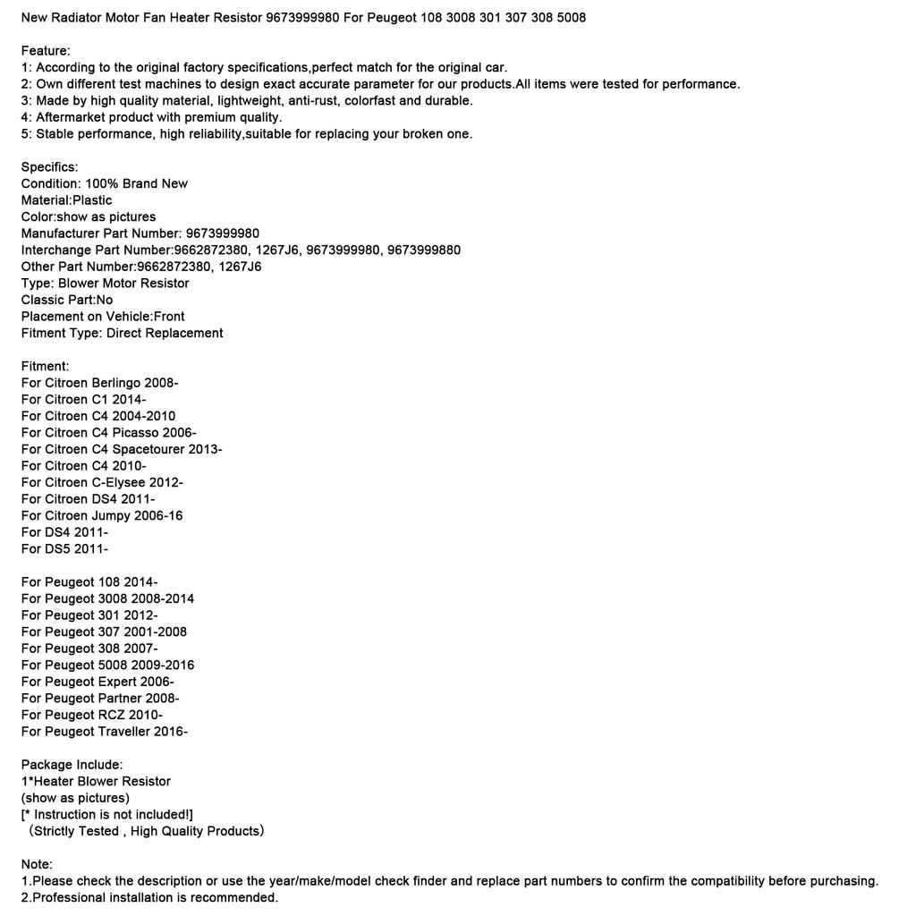 Новый мотор вентилятора радиатора Резистор отопителя 9673999980 Для Peugeot 108 3008 301 307 308 5008