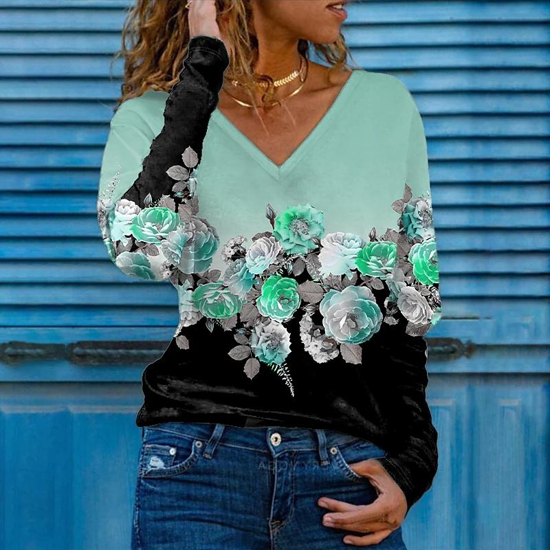 Женские футболки с 3D принтом розы, женские топы, пуловер с длинным рукавом и v-образным вырезом, женские футболки, футболка для женщин