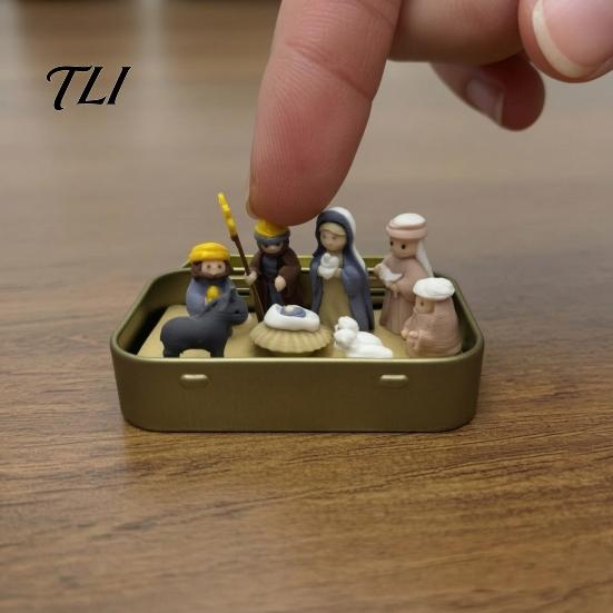 Durable Christmas Story Display Mini Nativity Set in Tin Box, 3D Printed Pocket Scene Set, Small Religious Tabletop Decor Holy Family Jesus Figurines,
