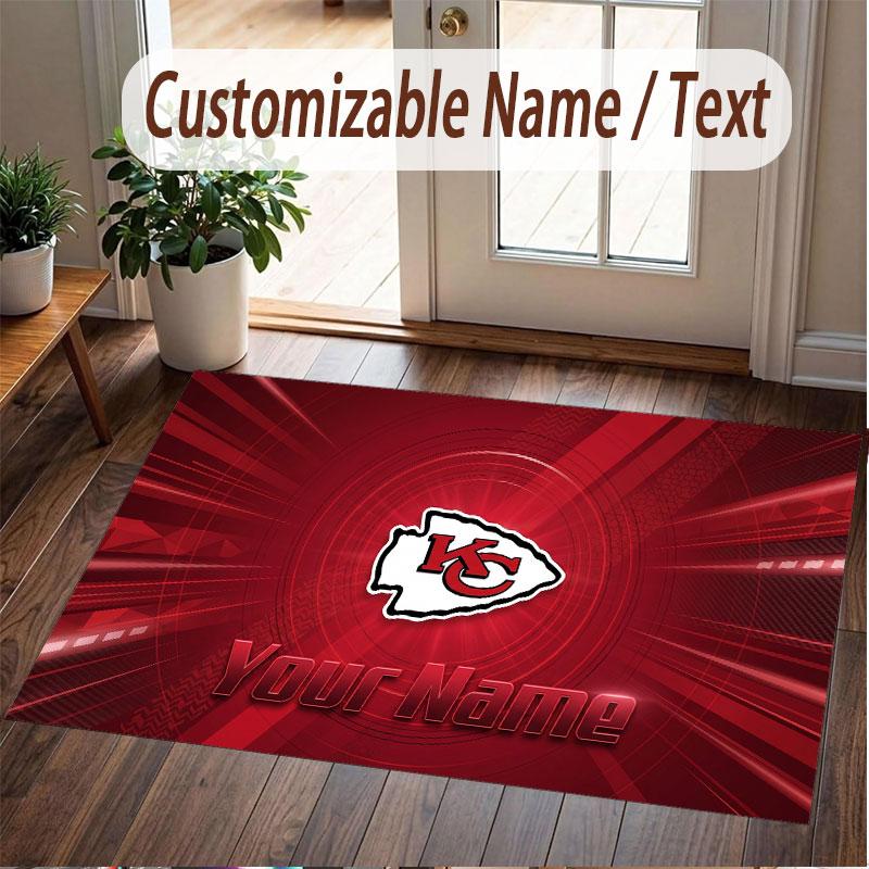 Custom Rug Kansas City Chiefs Pattern Print Name Text Soft Non‑Slip Floor Carpet for Home Indoor Decoration