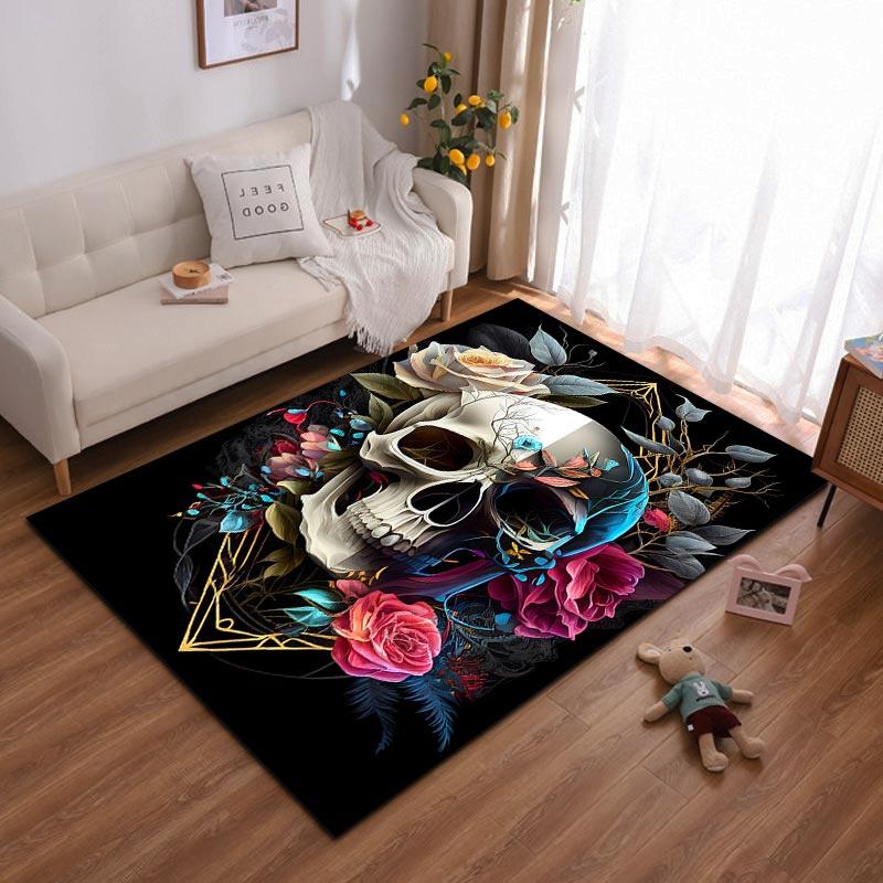 Skull and Floral Design Carpet with Roses and Abstract Elements Suitable for use as an anti-slip for living room bedroom sofas