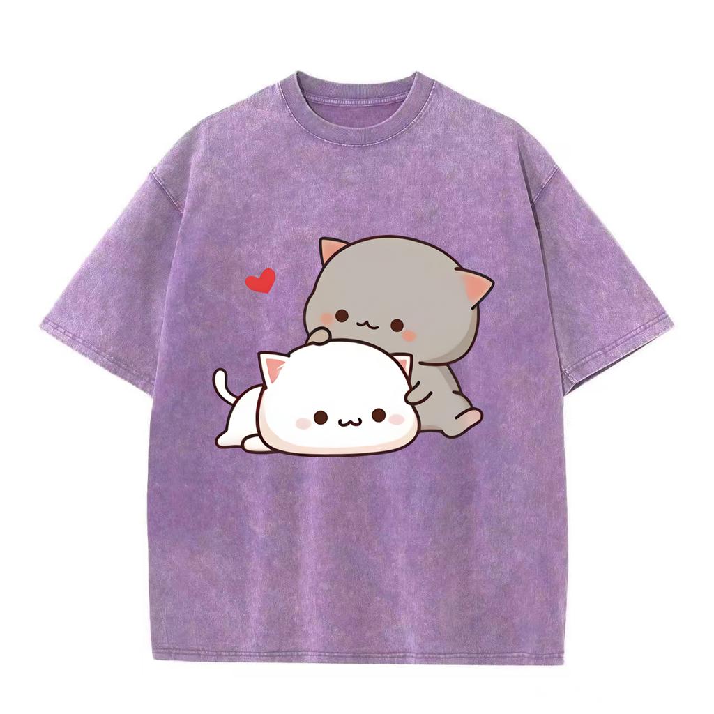 Футболка с аниме Kawaii Girl, флисовая футболка Harajuku, свободный повседневный свитер, милая парная футболка для подарка на День святого Валентина, винтажная футболка в стиле ретро с эффектом потертости