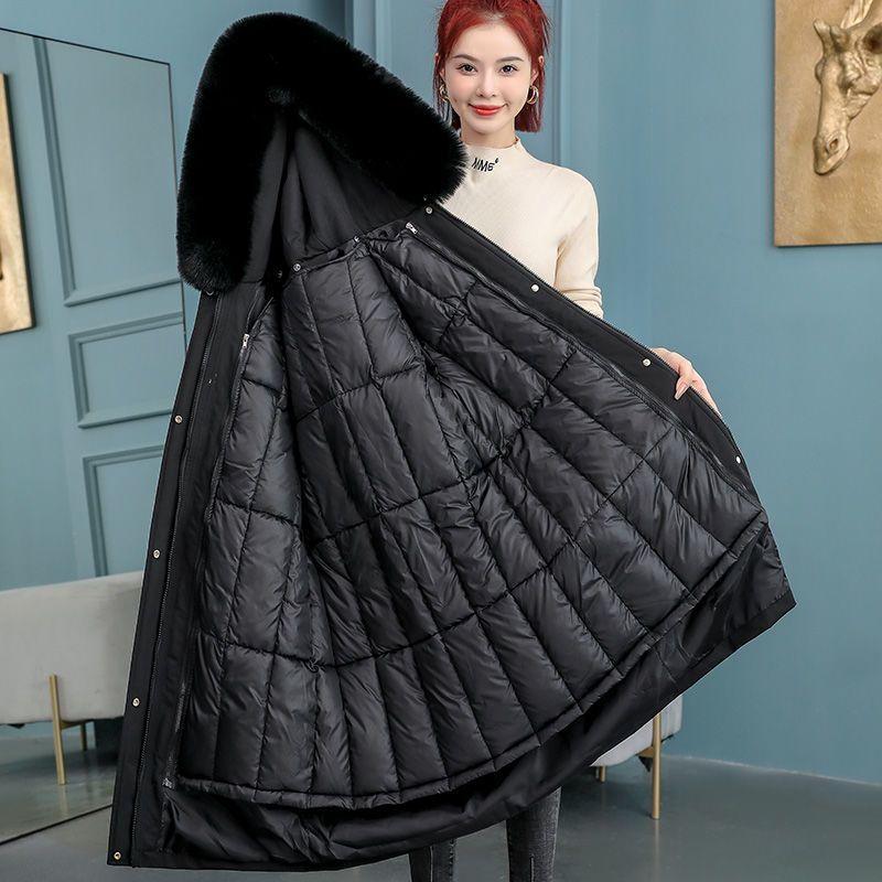 Women Fall Winter Jacket Coat Parka Thicken Cotton Liner Medium Long Hooded Fur Collar Adjustable Waist Cotton Coat