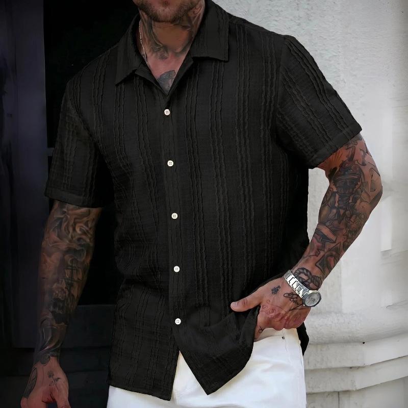 Men S Short Sleeve Striped Tropical Style Loose Turn Down Collar Casual Shirt
