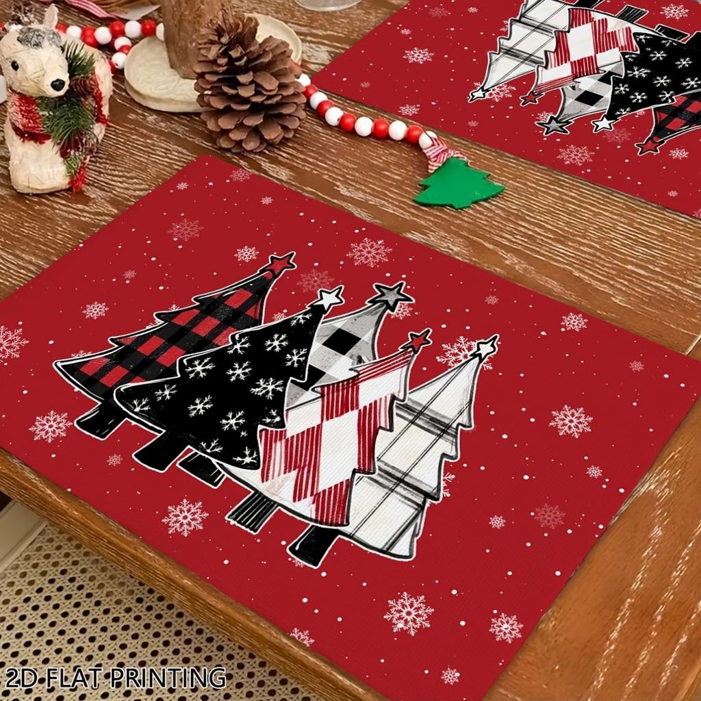 4pcs/6pcs Christmas Table Placemats, Plaid Xmas Tree Print for Home Kitchen Placemats, Suitable for Home Kitchen Restaurant Decor, Holiday Party Table