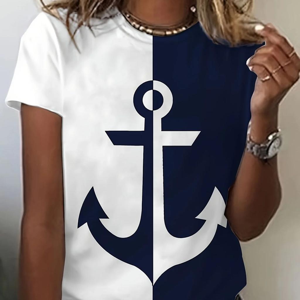 2024 новая стильная футболка для женщин, топ с принтом якоря, летние футболки большого размера для женской одежды, женская мода с круглым вырезом, большие размеры