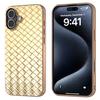 For iPhone 16 Plus Case Woven Texture Electroplating Edge Leather Coated PC+TPU Phone Cover