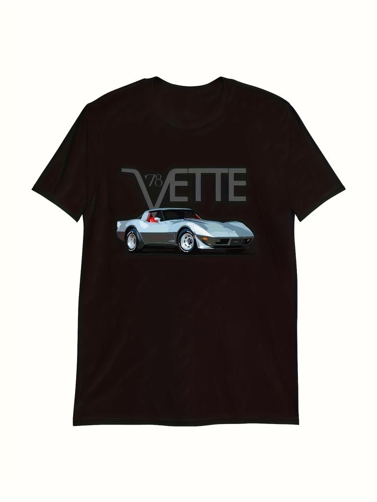 Unisexs Vintage Vette Car Pattern Shirt Made from HighStretch Knitted Fabric Featuring a Loose Fit with a Round Neck And Short S