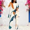 Women Plus Size Round Neck Long Sleeve Printed Layered Top Long Pants Two Piece Set