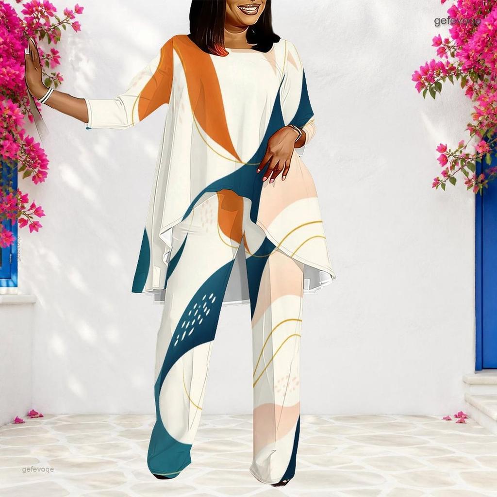 Women Plus Size Round Neck Long Sleeve Printed Layered Top Long Pants Two Piece Set