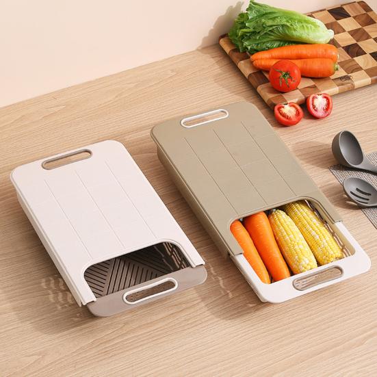 Cutting Board with Strainer Colander Retractable Plastic Board Extended Size Space-Saving with Handle Draining Tray for Kitchen