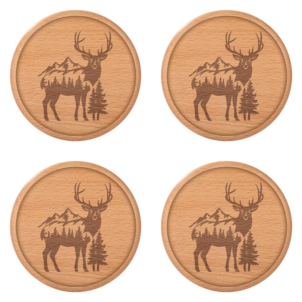 Beech Wood Coaster Round Elk Carved Wood Cup Mat Durable Heat Resistant Tea Coffee Cup Pad Placemats