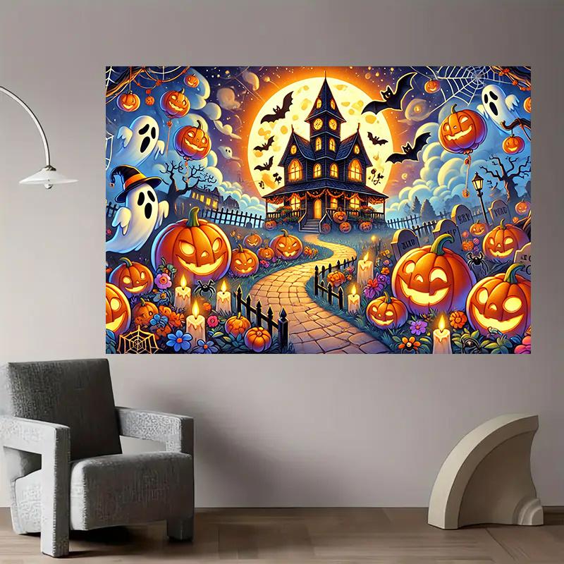 2D flat, 8x6 feet Halloween background banner - Haunted house, with pumpkin lanterns.PMJ