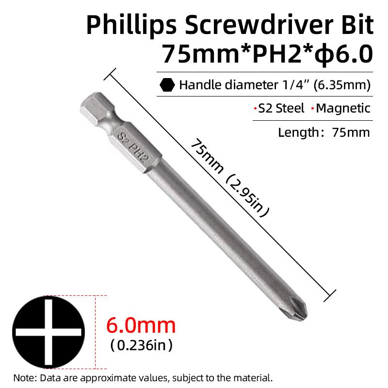 1PC Phillips Screwdriver Bits Cross Head Magnetic Screwdrivers PH00 PH1 PH2 S2 Alloy Steel Hex Shank Hand Tools 50/75/100/150mm