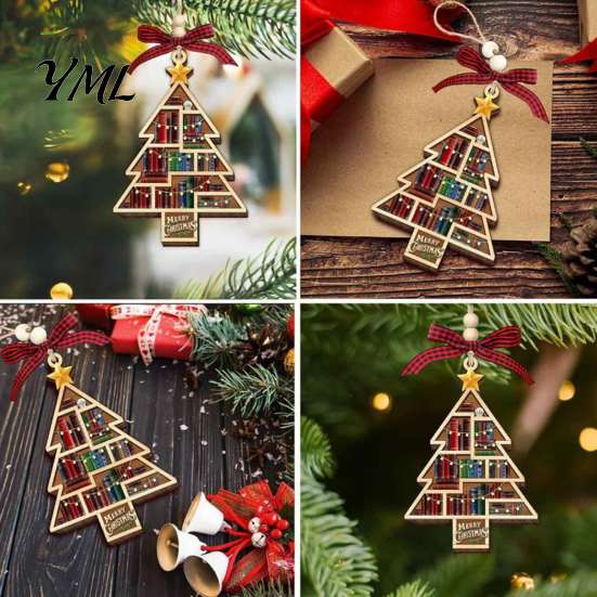 Wooden Book Tree Decoration Christmas Hollowed Pendant, Cross/Christmas Hanging Ornament, Decorative Bookish Pendant Plaid Bow Decor Craft for