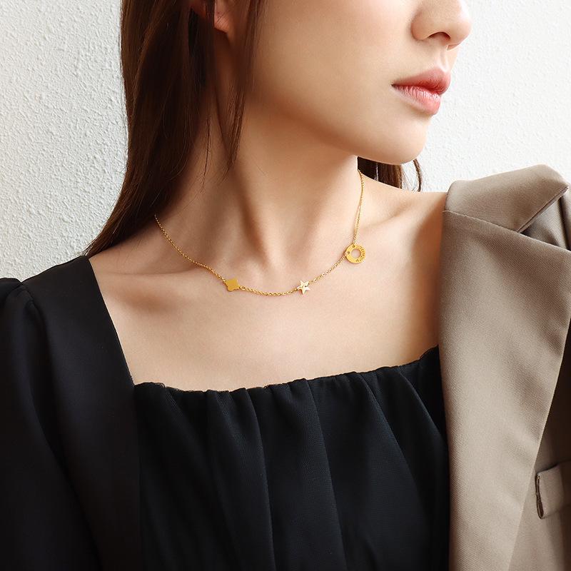 Minimalist Titanium Steel Necklace with Hollow Circle, Flower, and Star Pendants for Women - Clavicle Chain Style (P958)