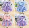 Elegant Princess Mesh Dress With Star Moon Sequins Round Neck Summer 2025 Girls Formal Party Wear 3-8 Years A-Line Sash Belt