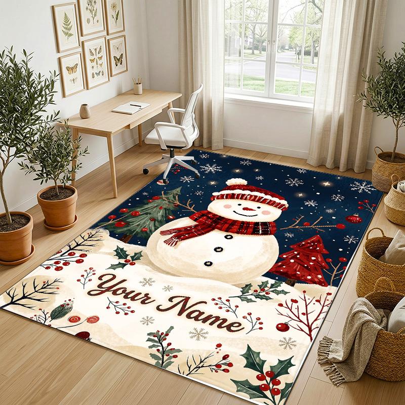 Winter Snowman Theme Soft Crystal Velvet Rug Custom Name & Text Print Non Slip Floor Rug for Bedroom Living Room