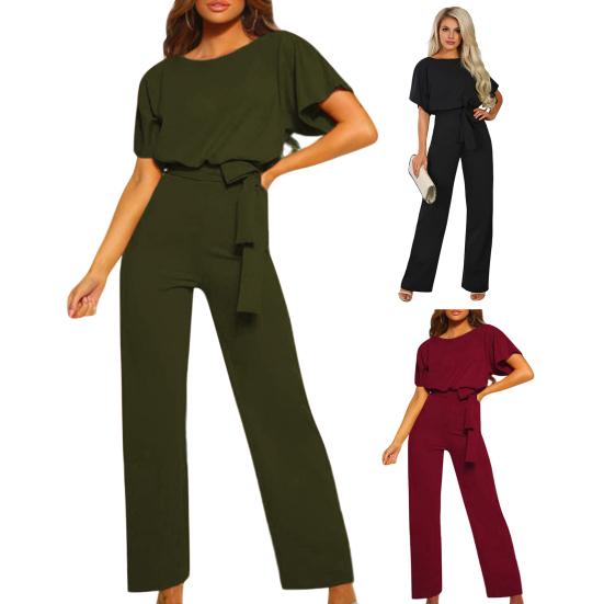 Women Jumpsuit with Lace-up Belt Wide Leg Short Sleeves Pure Color O Neck High Waist Outfit Casual Formal Long Romper Outfit