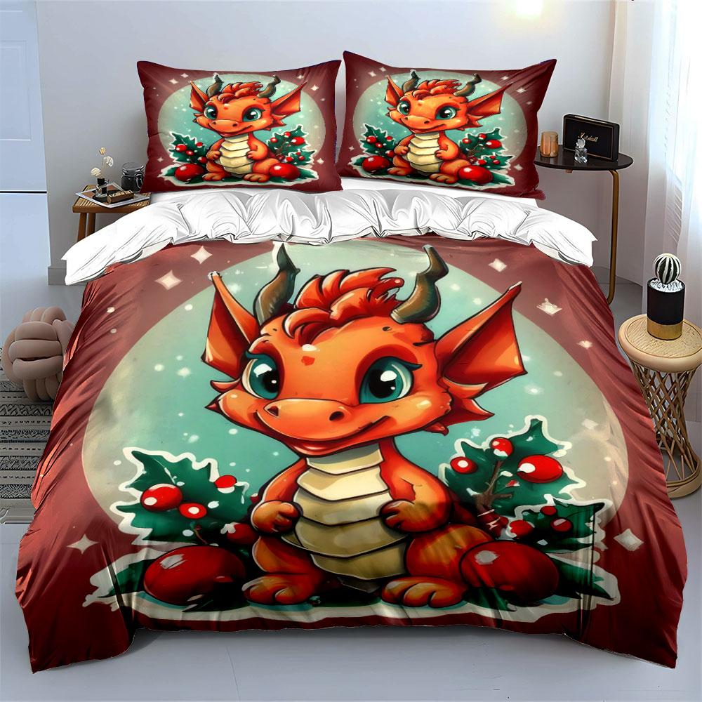 Cute Christmas Dragon Design Bedding Duvet Cover Set (1*Duvet Cover 2*Pillowcases, without duvet insert)