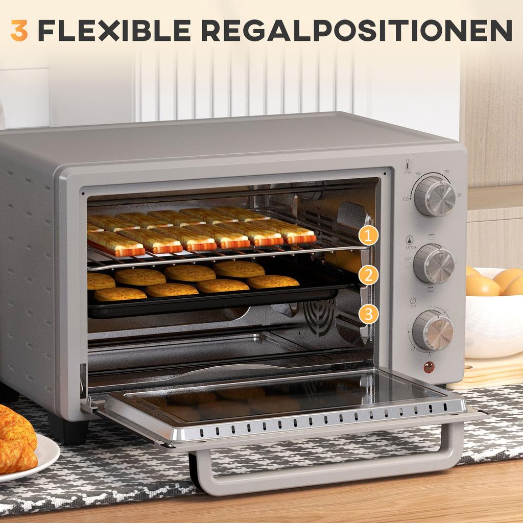 Мини-печь, тостер-печь объемом 21 л с 1 решеткой и 1 противнем, 3 режима приготовления, 100-230 градусов C, Нержавеющая сталь, Стекло, Серебристый