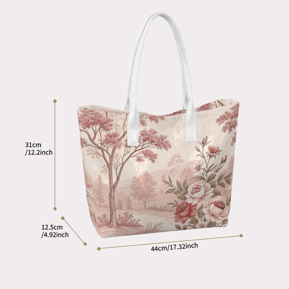 Vintage Floral Tote Bag Elegant Pastel Pink Printed Women's Fashion Large Capacity Portable Shopping Handbag