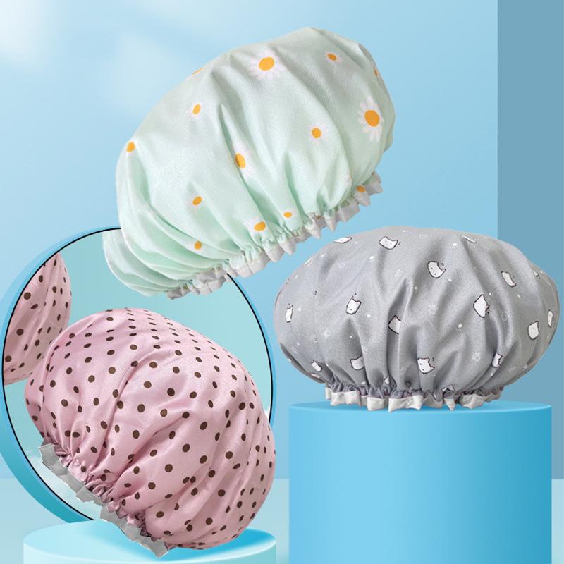 Fashionable Waterproof Double-Layer Cartoon Shower Cap for Women