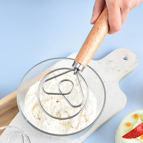 Dough Mixer Stainless Steel Dough Whisk with Wooden Handle Easy-to-clean Bread Whisk for Home Kitchen